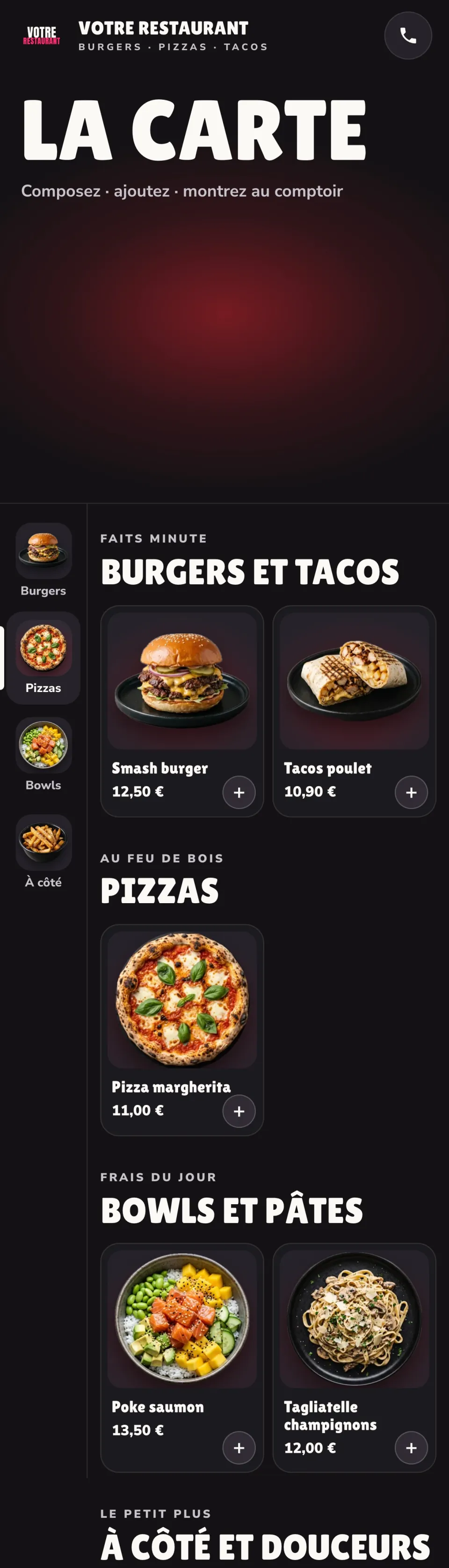 La carte d'exemple · burgers et tacos · pizzas · bowls
