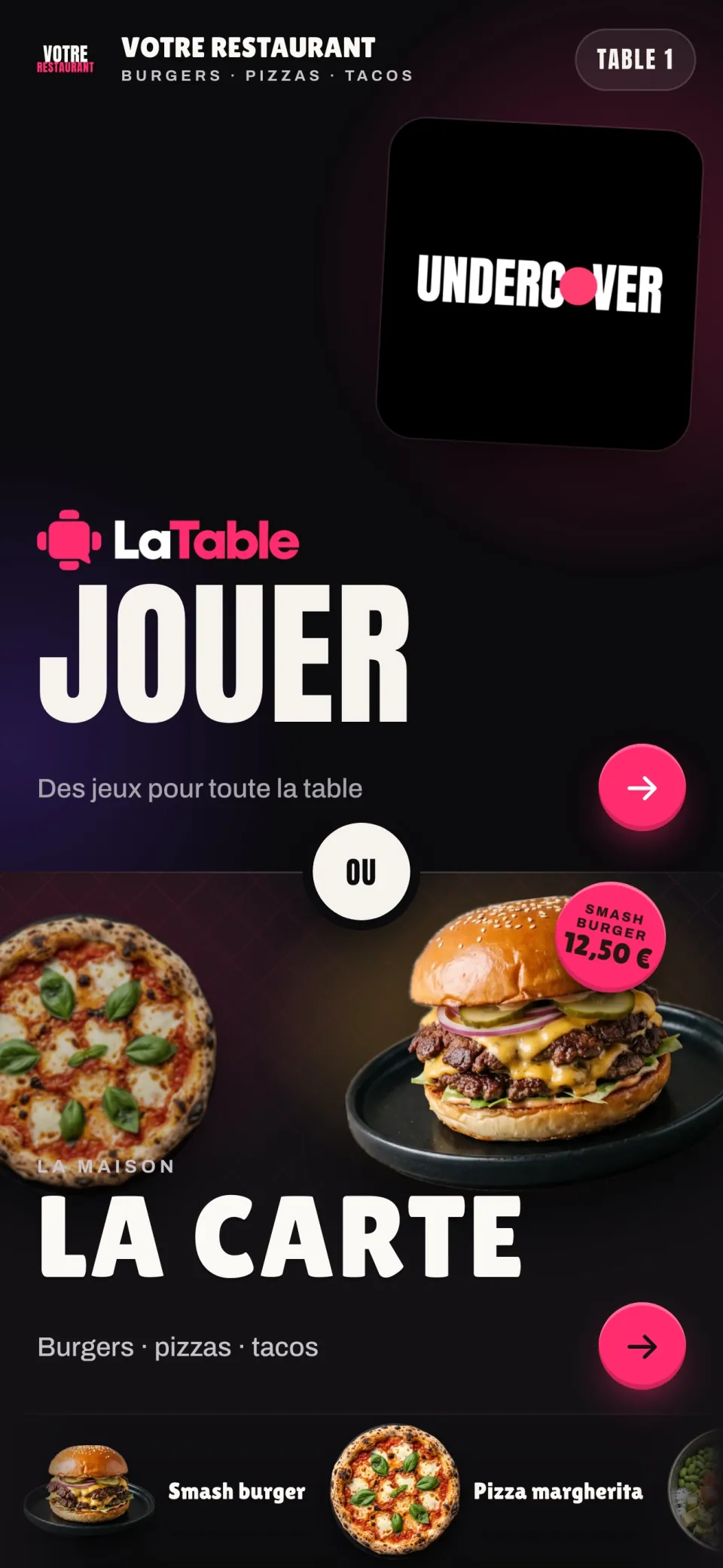 Le vrai écran du QR de table · jouer ou la carte