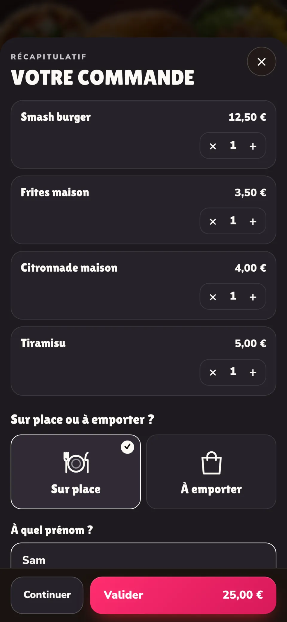 Le récapitulatif de commande · sur place ou à emporter · le prénom