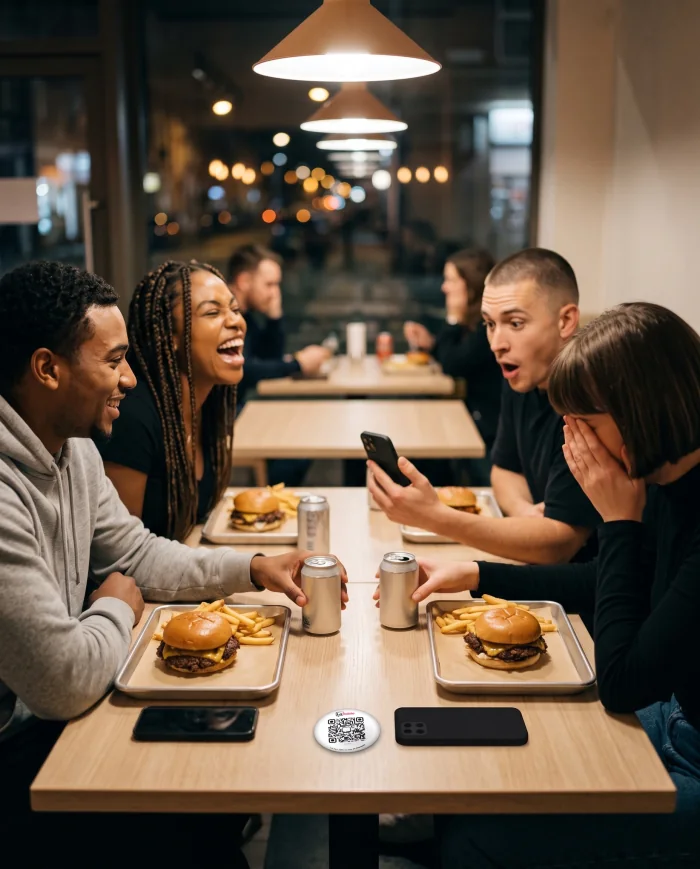 Exemple · des amis rient autour de burgers le soir · la pastille LaTable posée sur la table