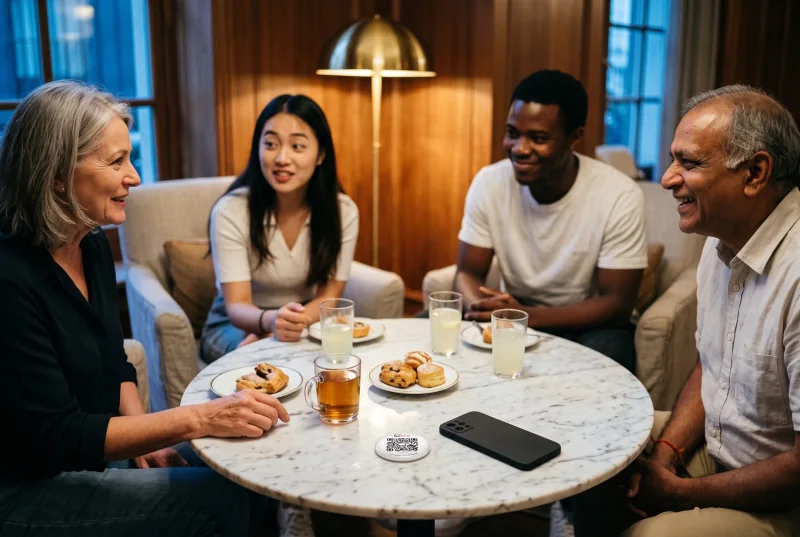 Exemple · des clients d'hôtel discutent au salon le soir · la pastille LaTable posée sur la table