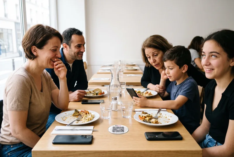 Exemple · une famille déjeune au restaurant · la pastille LaTable posée sur la table