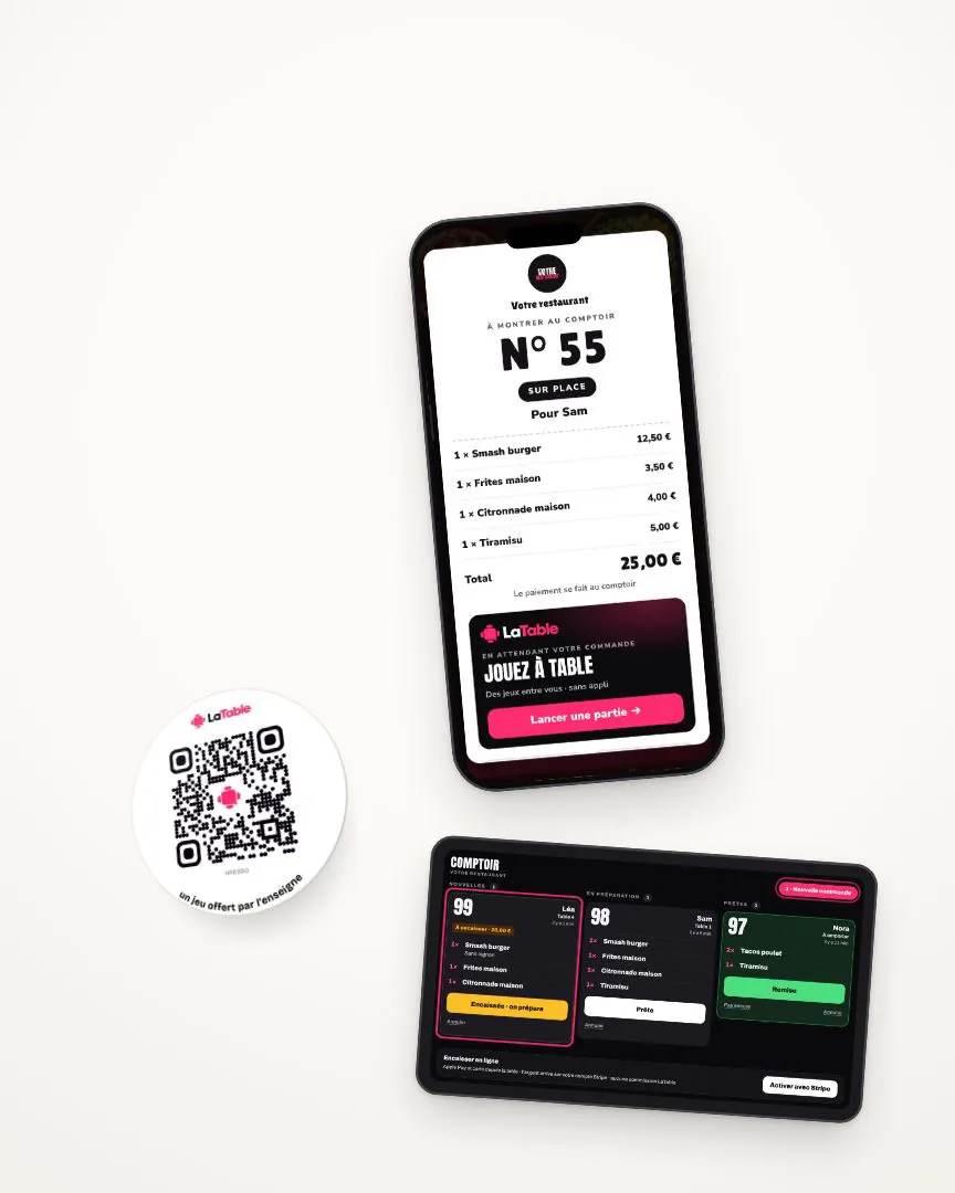 Une borne de commande devient le téléphone du client · son socle devient le disque QR posé sur la table